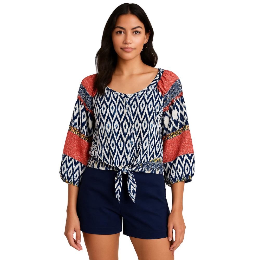 FIGUERCA & FLOWER Tag size XL -Fit Large Button Front IKAT Print Tie Hem Blouse